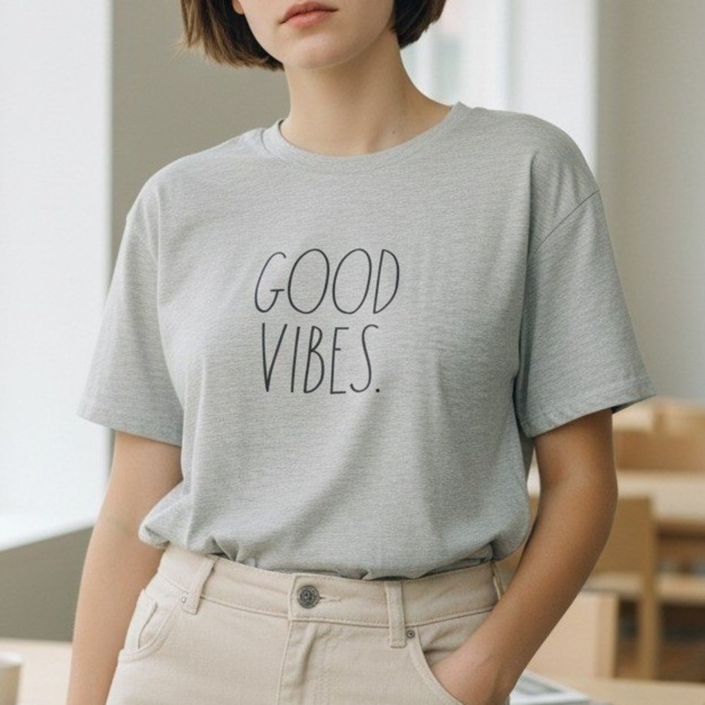 Rae Dunn Good Vibes Tee Large Gray Graphic High-Low Hem Short Sleeve Minimalist